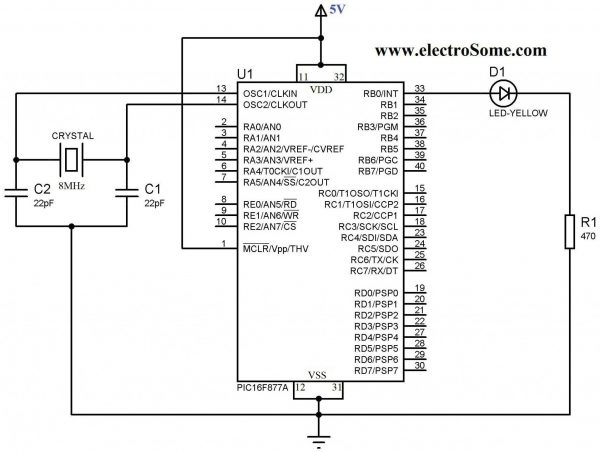 Blinking LED using PIC Microcontroller - Circuit Diagram