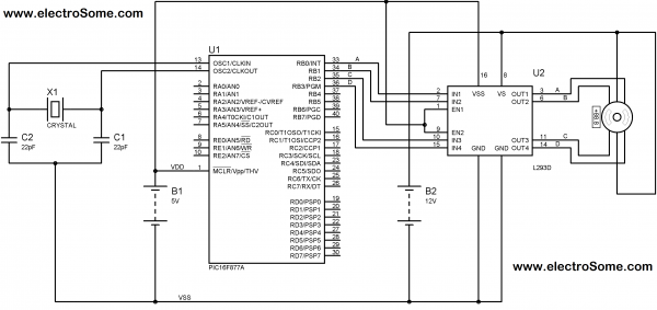 Interfacing Unipolar Stepper Motor with PIC Microcontroller using L293D Circuit Diagram