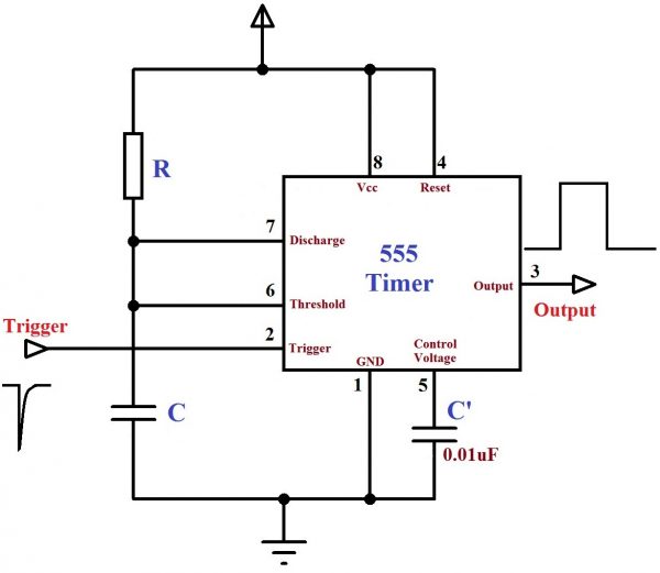 Monostable Multivibrator using 555 Timer - Circuit Diagram