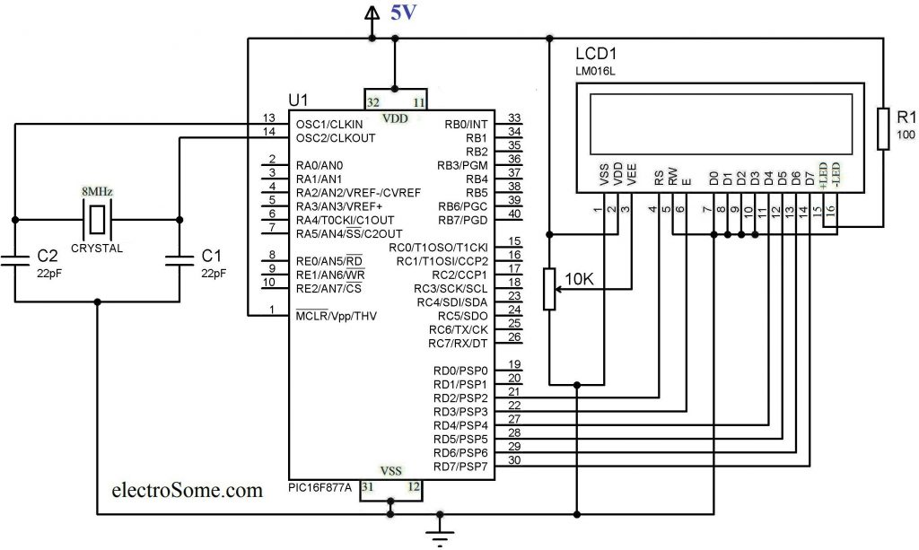 Interfacing LCD with PIC Microcontroller - Circuit Diagram