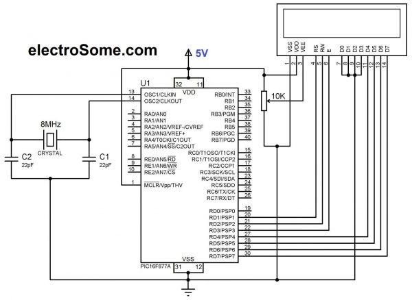 Interfacing LCD with PIC Microcontroller - Circuit Diagram