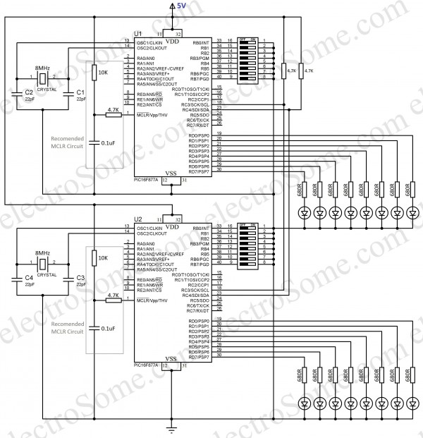 PIC to PIC Communication using I2C - Circuit Diagram