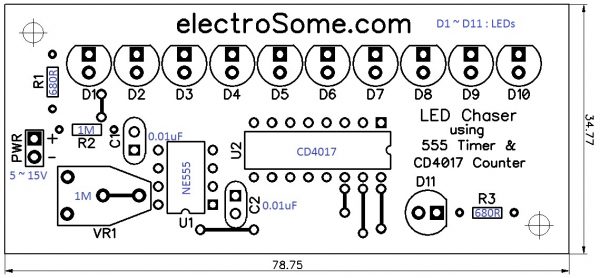 Chaser LED sử dụng 4017 và 555 - Chế độ xem Đầu PCB