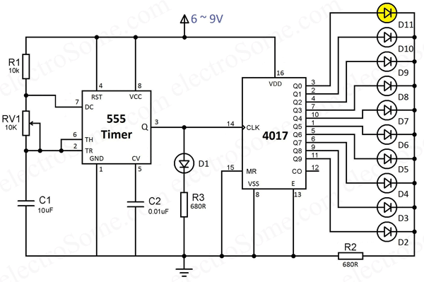 LED Chaser using 4017 Counter and 555 Timer