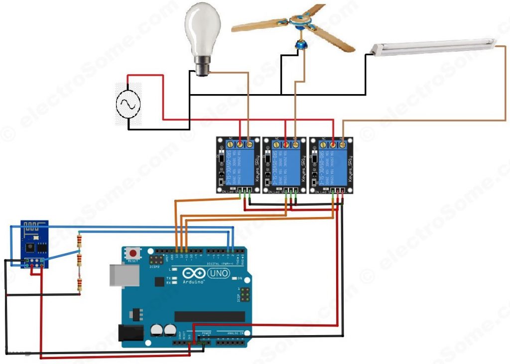 Home Automation System using Arduino and ESP8266 - Circuit Diagram