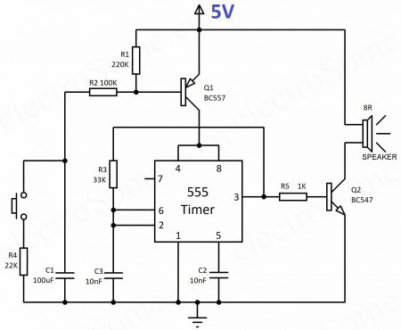 Wailing Siren using 555 Timer - Hobby Project - Circuit Diagram