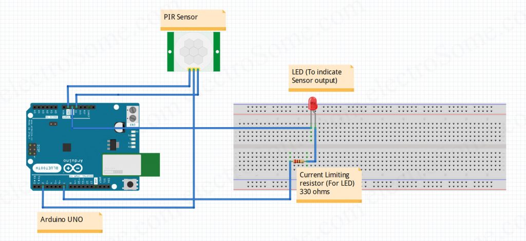 Interfacing PIR Motion Sensor with Arduino - Circuit Diagram