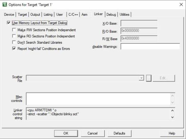 Linker Tab - Options for Target - Keil Project