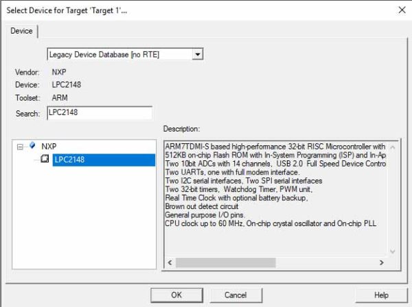 Select Device for Target - Creating Keil Project
